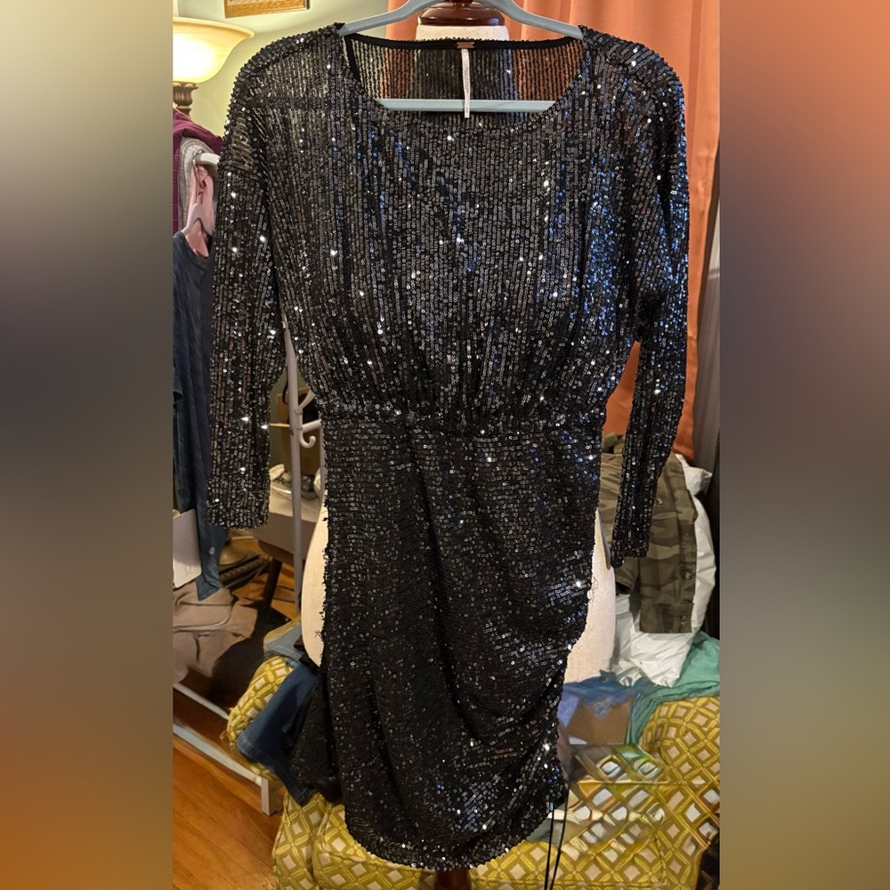 Free People Shimmering Black Long Sleeve Dress
